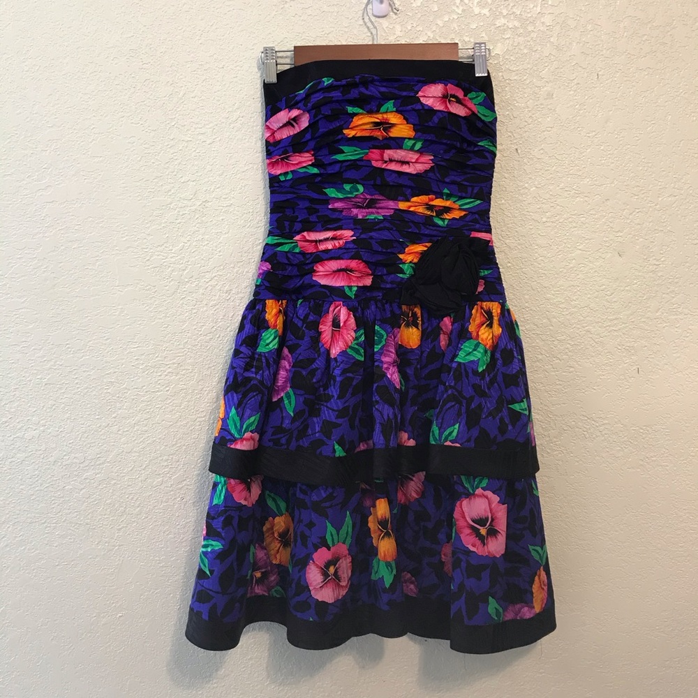 Vintage 80s dress prom silk floral bow ruched bow
